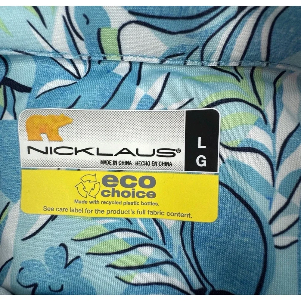 Nicklaus Polo Shirt Mens Large Blue Tropical Bird Floral Print Eco Stretch Golf